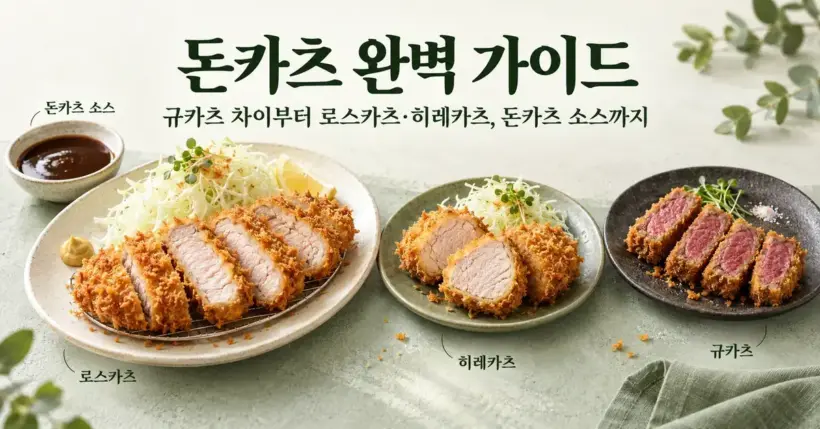 돈카츠 완벽 가이드라는 제목 아래 로스카츠, 히레카츠, 규카츠의 단면과 돈카츠 소스를 나란히 보여 주는 이미지.